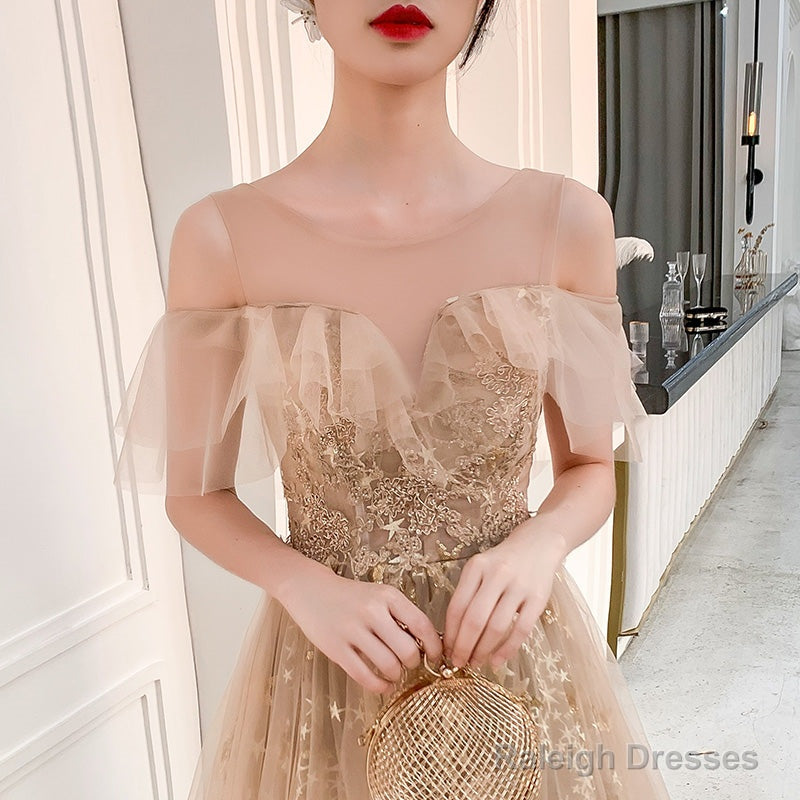 Champagne Tulle Long Party Dress Formal Dress, A-Line Off Shoulder Prom Dress