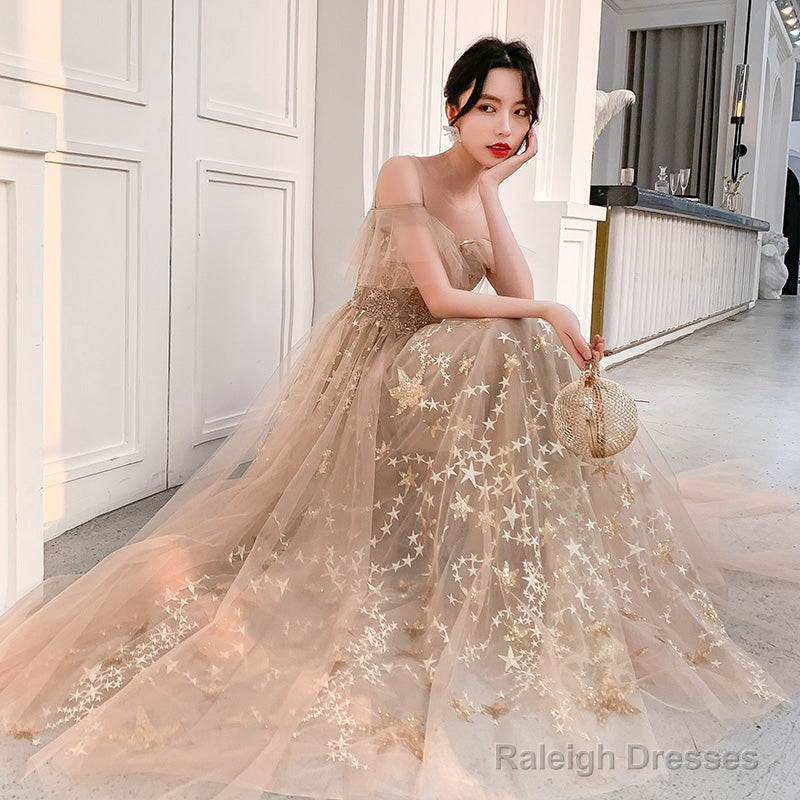 Champagne Tulle Long Party Dress Formal Dress, A-Line Off Shoulder Prom Dress