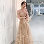 Champagne Tulle Long Party Dress Formal Dress, A-Line Off Shoulder Prom Dress