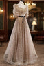 Champagne Tulle Long Party Dress, Short Sleeves A-line Formal Dress Evening Dress