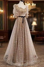 Champagne Tulle Long Prom Dress, Short Sleeves A Line Formal Dress Prom Dress