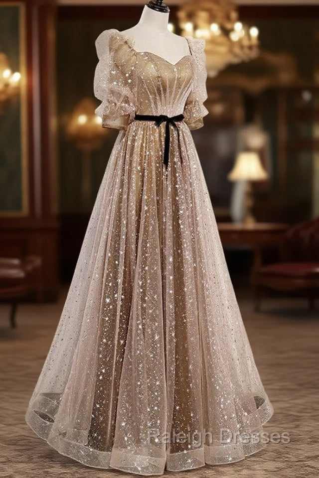Champagne Tulle Long Prom Dress, Short Sleeves A Line Formal Dress Prom Dress