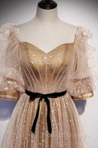 Champagne Tulle Long Prom Dress, Short Sleeves A Line Formal Dress Prom Dress