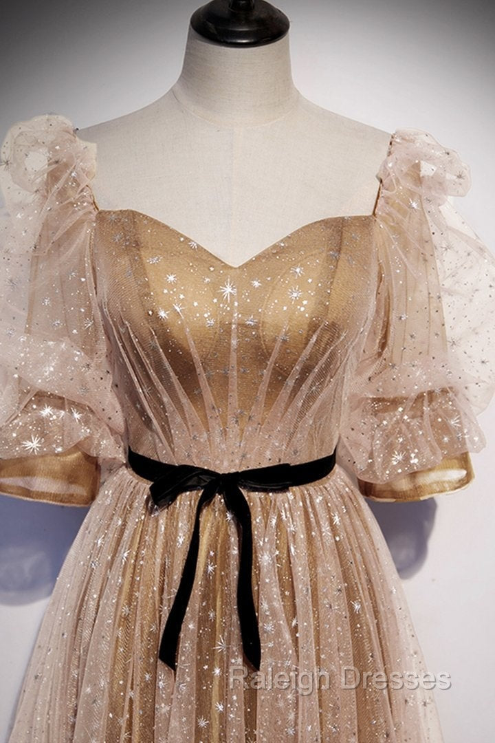 Champagne Tulle Long Prom Dress, Short Sleeves A Line Formal Dress Prom Dress