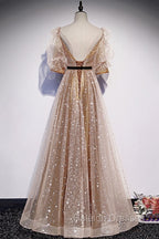 Champagne Tulle Long Party Dress, Short Sleeves A-line Formal Dress Evening Dress