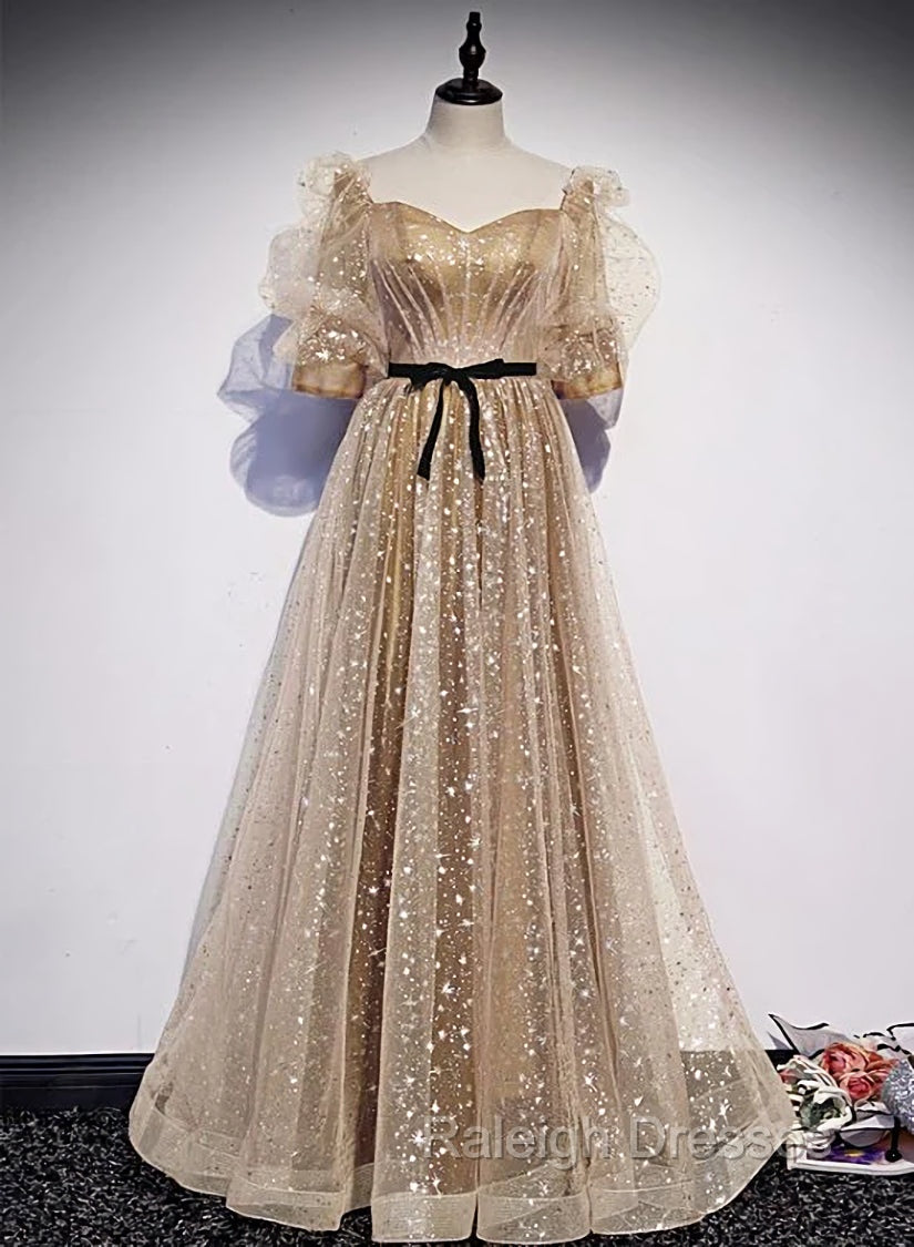 Champagne Tulle Long Prom Dress, Short Sleeves A Line Formal Dress Prom Dress Main image