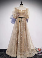Champagne Tulle Long Prom Dress, Short Sleeves A Line Formal Dress Prom Dress