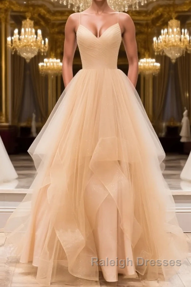 Champagne tulle long prom dress, champagne evening dress Main image