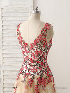 Champagne Tulle Long Prom Dress Lace Applique Evening Dress