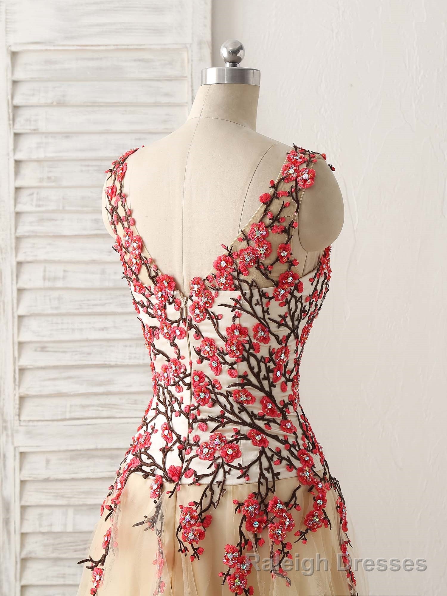 Champagne Tulle Long Prom Dress Lace Applique Evening Dress