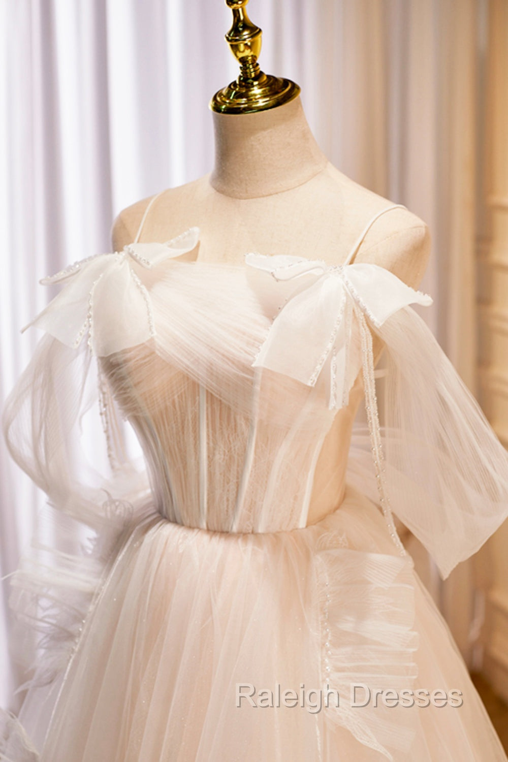 Champagne Tulle Long Prom Dress, Spaghetti Strap Prom Dress with Bow Secondary image