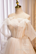 Champagne Tulle Long Prom Dress, Spaghetti Strap Prom Dress with Bow
