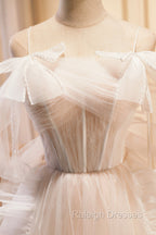 Champagne Tulle Long Prom Dress, Spaghetti Strap Evening Dress with Bow