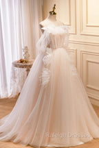 Champagne Tulle Long Prom Dress, Spaghetti Strap Prom Dress with Bow