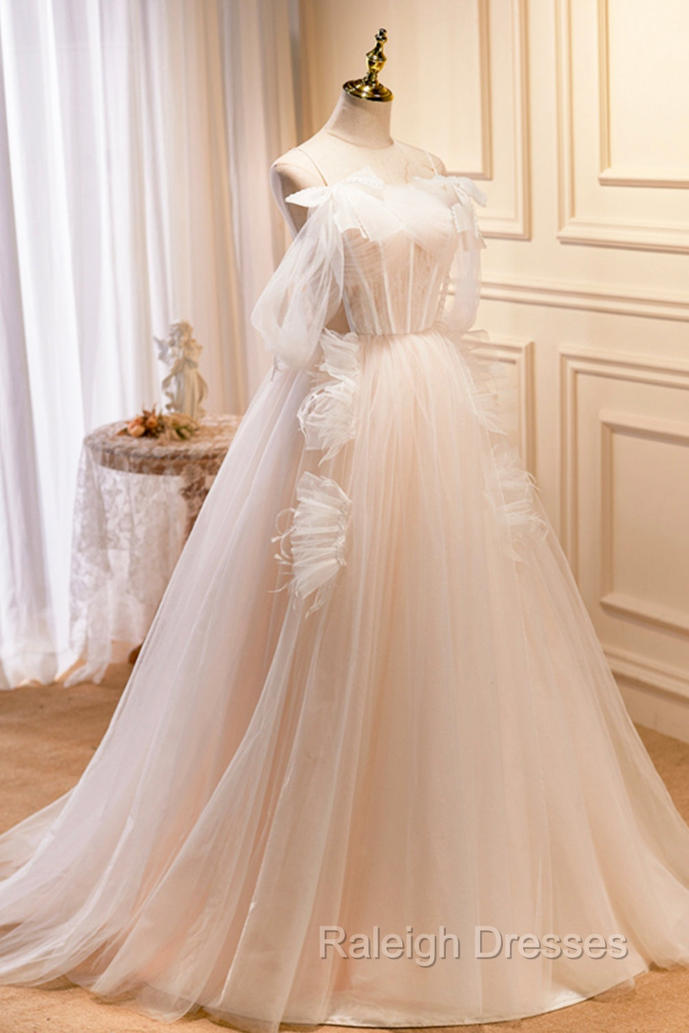 Champagne Tulle Long Prom Dress, Spaghetti Strap Prom Dress with Bow