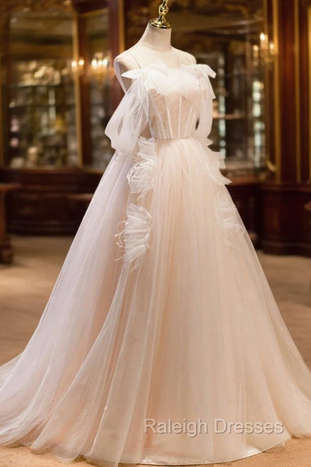 Champagne Tulle Long Prom Dress, Spaghetti Strap Evening Dress with Bow