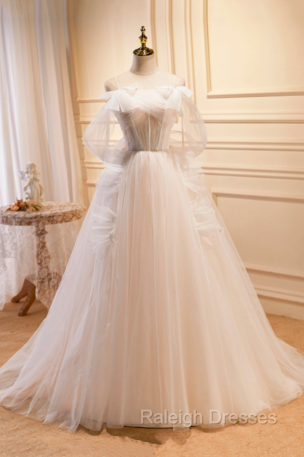 Champagne Tulle Long Prom Dress, Spaghetti Strap Prom Dress with Bow Main image