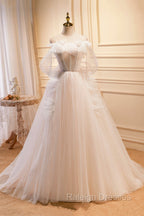 Champagne Tulle Long Prom Dress, Spaghetti Strap Prom Dress with Bow