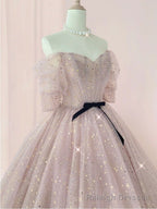 Champagne tulle long prom dress, tulle long evening dress