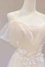 Champagne Tulle Long Prom Dress with Lace, Off the Shoulder Prom Dress