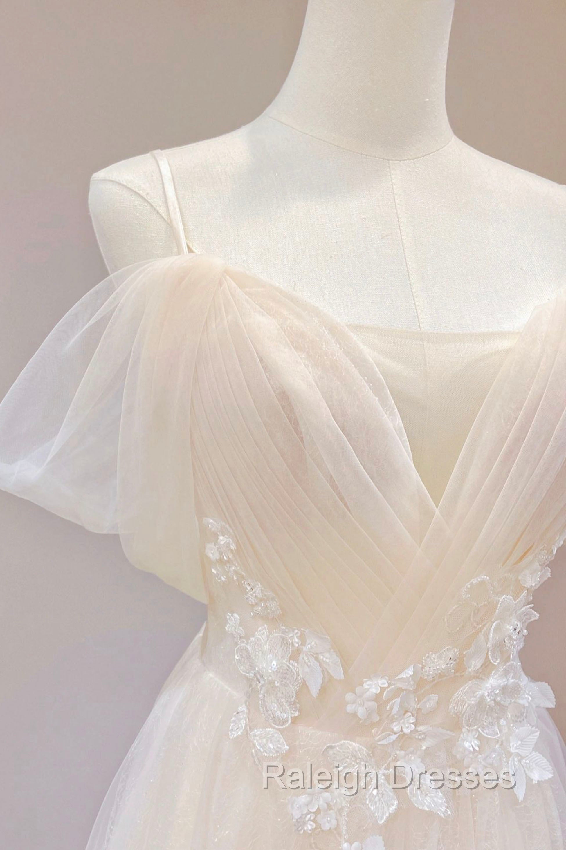 Champagne Tulle Long Prom Dress with Lace, Off the Shoulder Prom Dress