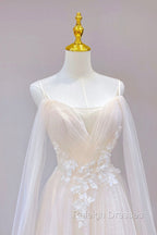 Champagne Tulle Long Prom Dress with Lace, Off the Shoulder Evening Dress