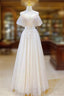 Champagne Tulle Long Prom Dress with Lace, Off the Shoulder Prom Dress