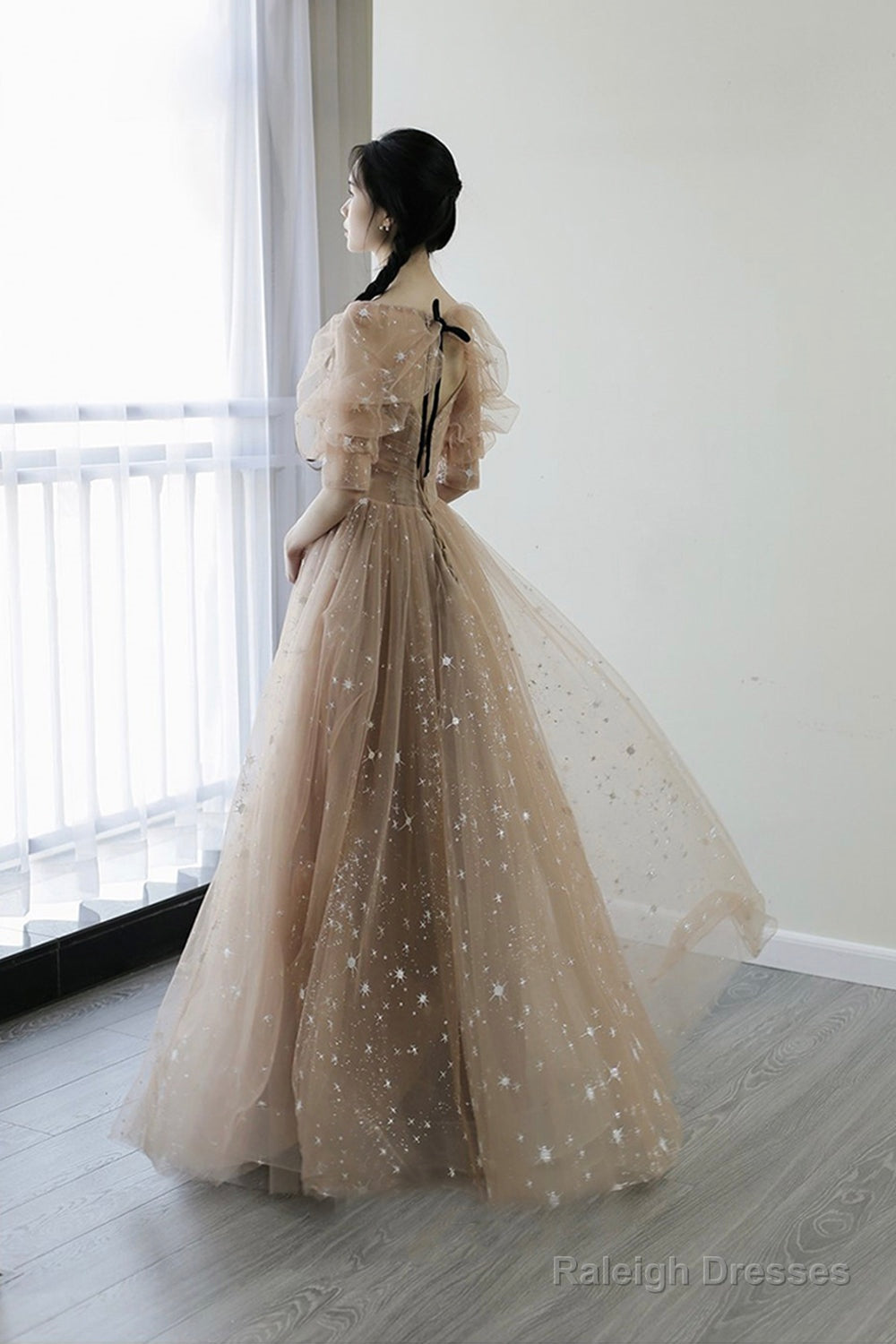 Champagne Tulle Long Prom Dresses, A-Line 1/2 Sleeve Evening Dresses Secondary image