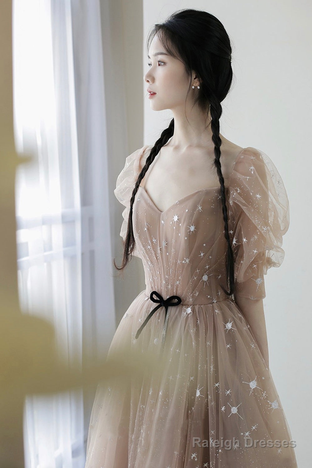 Champagne Tulle Long Prom Dresses, A-Line 1/2 Sleeve Evening Dresses