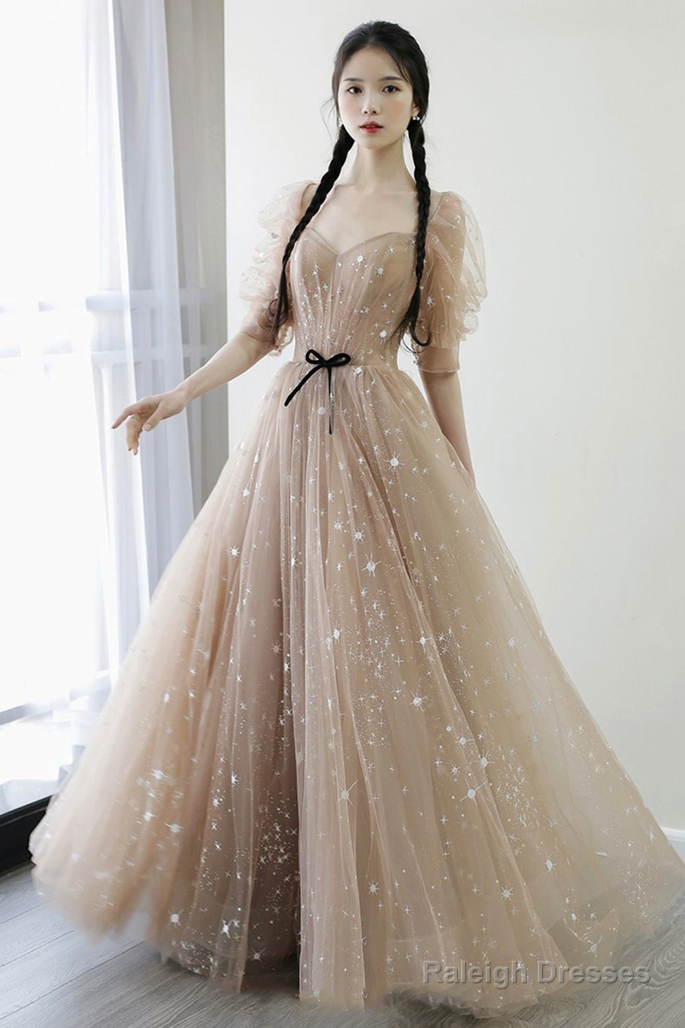 Champagne Tulle Long Prom Dresses, A-Line 1/2 Sleeve Evening Dresses Main image
