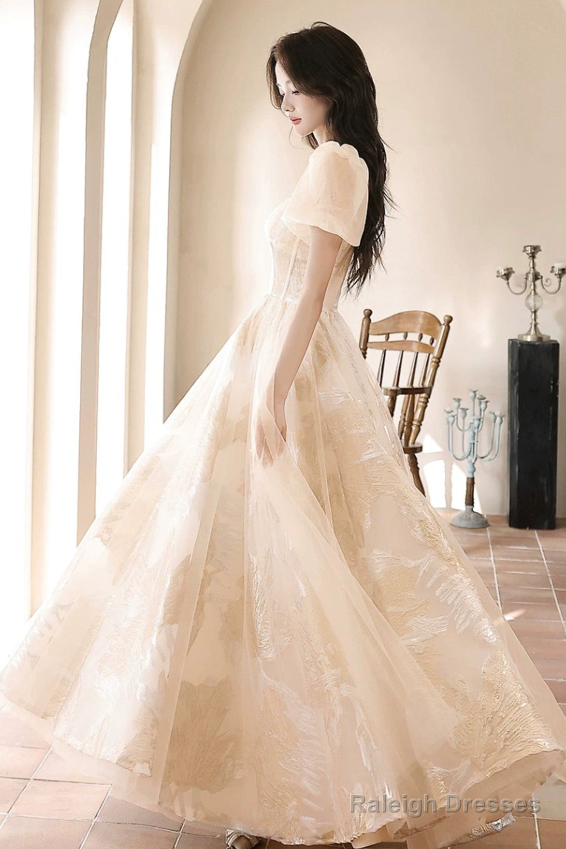 Champagne Tulle Long Prom Dresses, Champagne Short Sleeve Evening Dresses