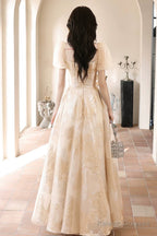 Champagne Tulle Long Prom Dresses, Champagne Short Sleeve Evening Dresses