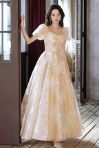 Champagne Tulle Long Prom Dresses, Champagne Short Sleeve Evening Dresses