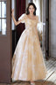 Champagne Tulle Long Prom Dresses, Champagne Short Sleeve Evening Dresses