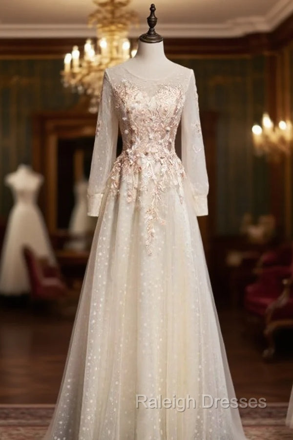 Champagne Tulle Long Sleeve Appliques Prom Dress