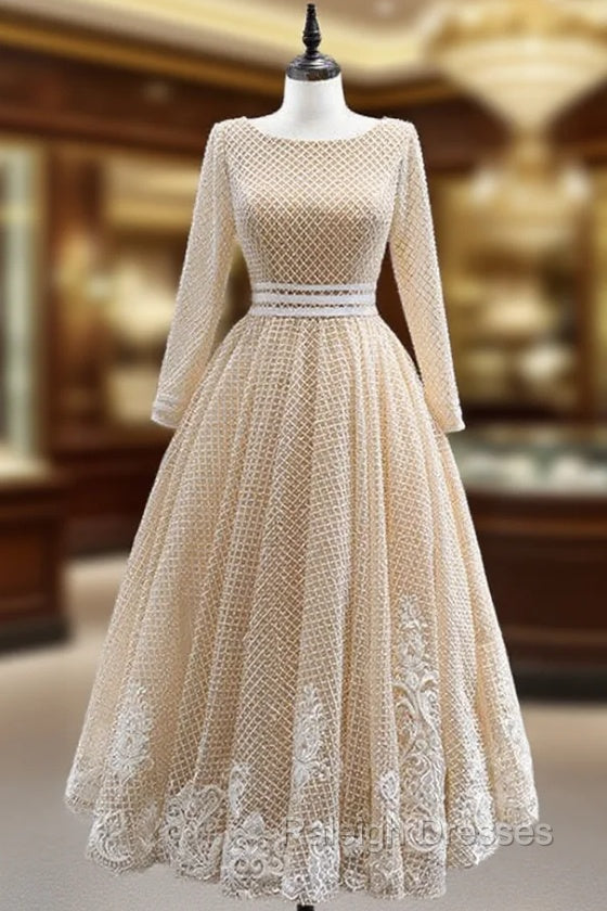 Champagne Tulle Long Sleeve Backless Appliques Prom Dress Main image