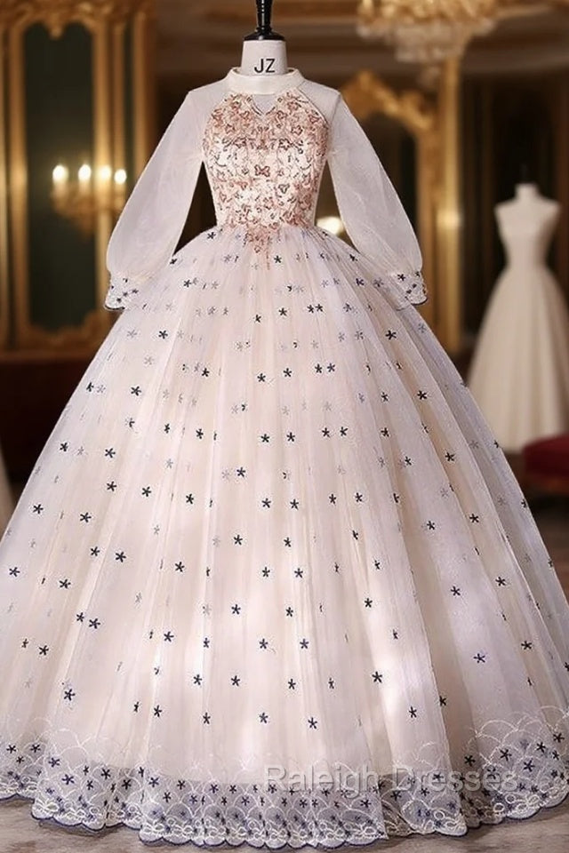 Champagne Tulle Long Sleeve High Neck Quinceanera Dress Main image