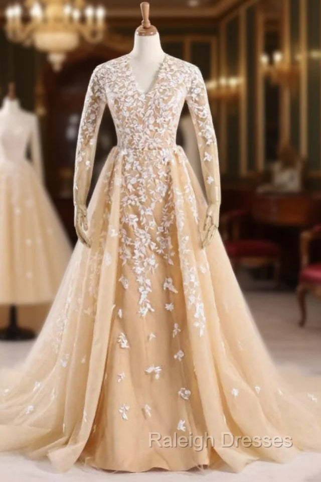 Champagne Tulle Long Sleeve Nude Color Tulle Crystal Royal Party Dress Main image