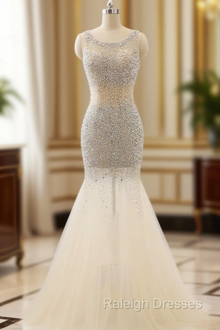 Champagne Tulle Mermaid Tulle Scoop Beaded Prom Dresses Main image