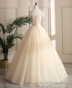 Champagne Tulle Off Shoulder Lace Long Prom Dress ,Sweet 16 Dress