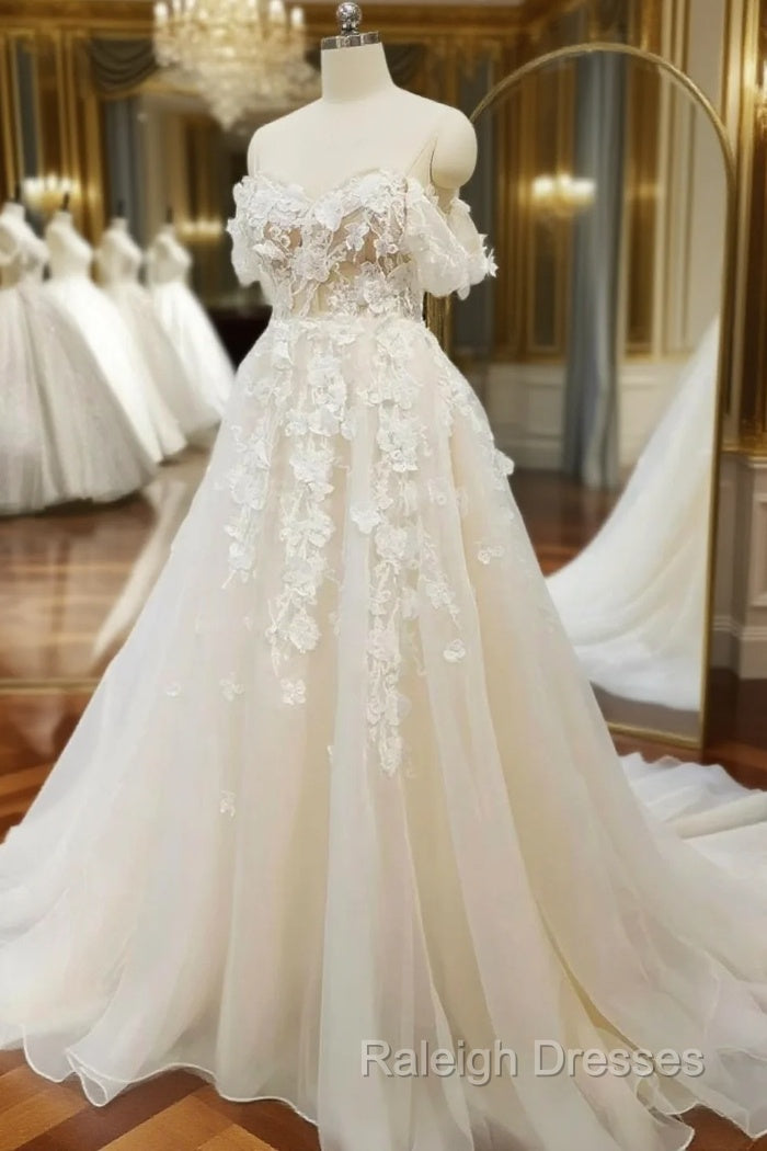 Champagne Tulle Off the Shoulder Appliques Wedding Dress