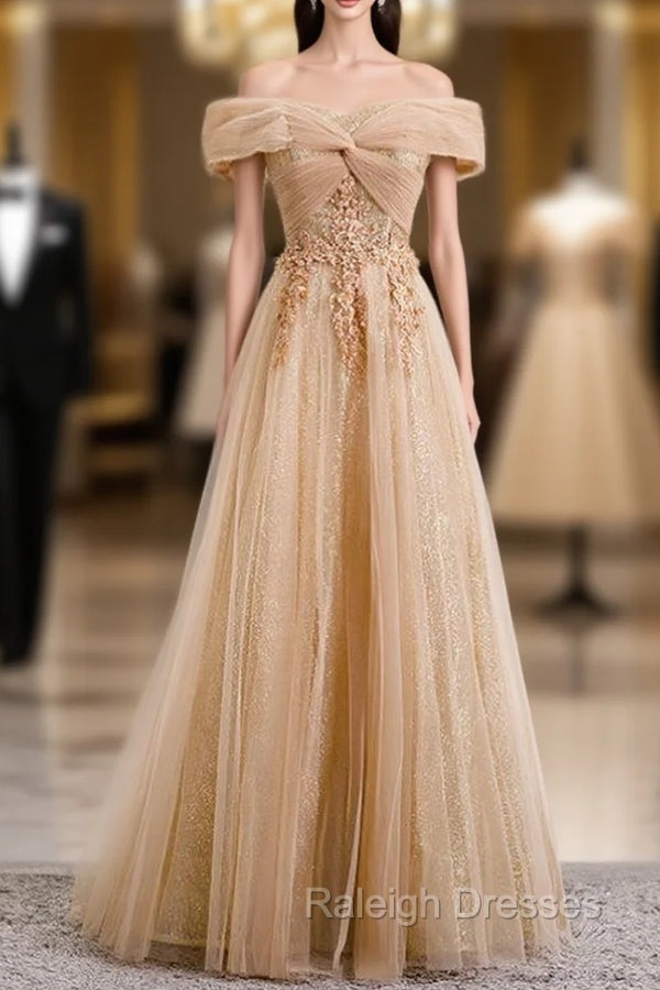 Champagne Tulle Off the Shoulder Embroidery Off the Shoulder Prom Dress Main image