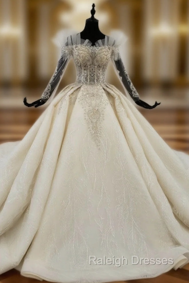 Champagne Tulle Off the Shoulder Long Sleeve Beading Wedding Dress Main image