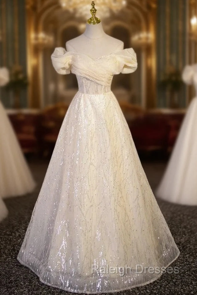 Champagne Tulle Off the Shoulder Sequins Prom Dress Main image