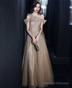 Champagne Tulle One Shoulder Long Prom Dress Tulle Evening Dress