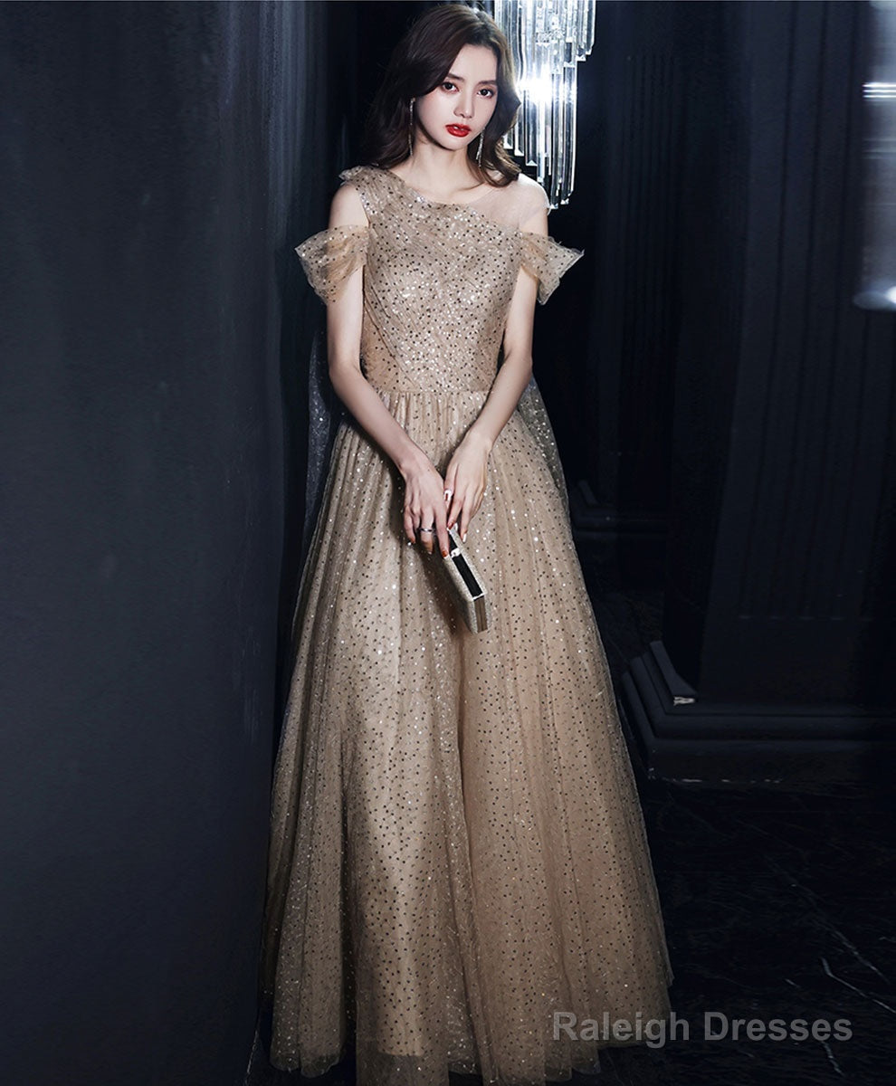 Champagne Tulle One Shoulder Long Prom Dress Tulle Evening Dress