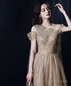 Champagne Tulle One Shoulder Long Prom Dress Tulle Evening Dress