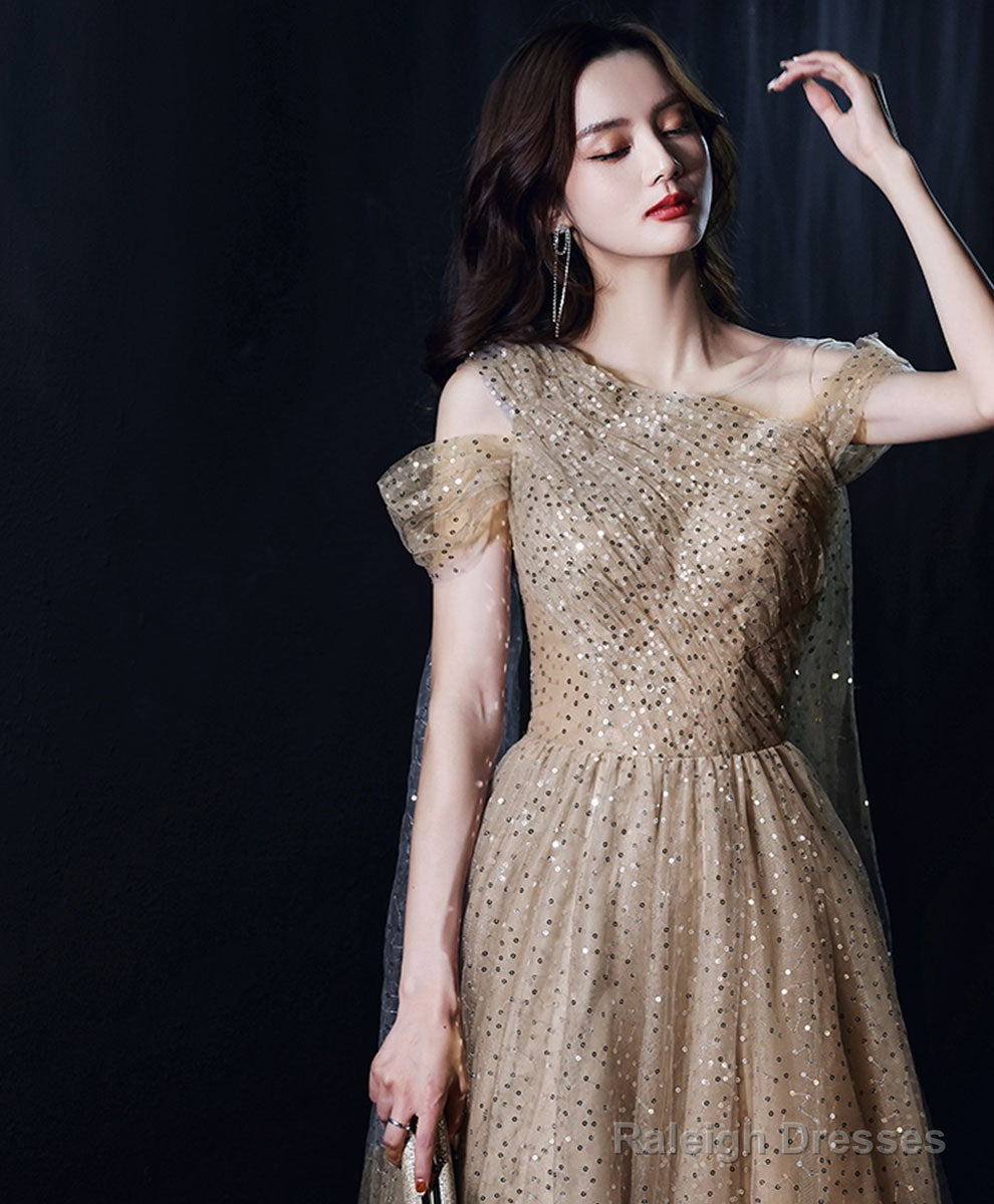 Champagne Tulle One Shoulder Long Prom Dress Tulle Evening Dress