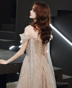 Champagne Tulle One Shoulder Long Prom Dress Tulle Evening Dress