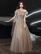 Champagne Tulle One Shoulder Long Prom Dress Tulle Evening Dress